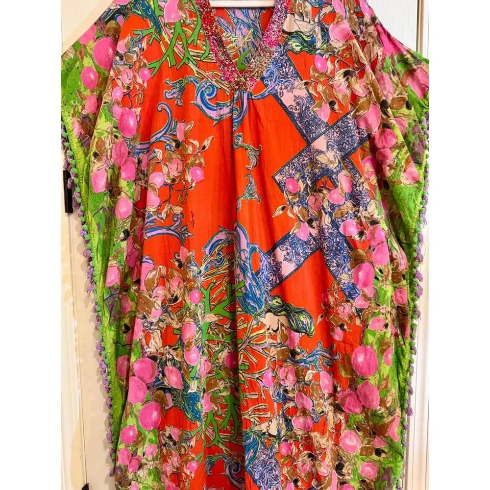 ANTICA SARTORIA FLOWER GARDEN GREAT BEADWORK Cotton Caftan, Coverup, Tunic OS - Picture 3 of 9
